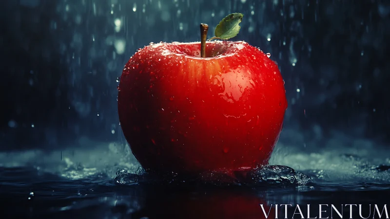 Red apple stands under pouring rain with dramatic lighting