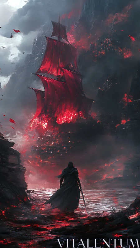 Dark cloaked warrior faces burning red-sailed ghost ship.