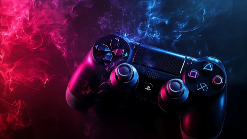 Gaming Controller Rendered in Neon Light—Blue and Magenta Chromatic Display.