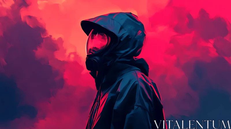 Hooded figure in gas mask against vivid neon clouds.