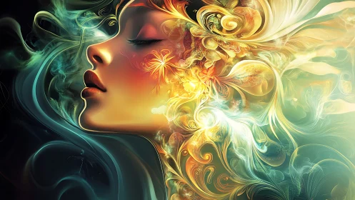 Dreambound muse exhales galaxies of luminous floral light