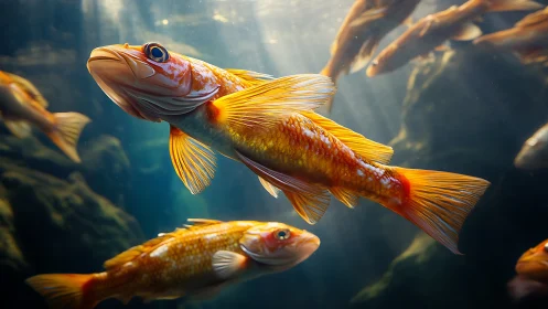 High-detail golden fish school illuminated by volumetric rays