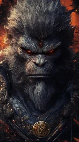 Mythic simian warrior portrait with burning ember eyes.