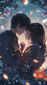 Romantic anime couple stands close together in the rain.