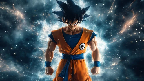 Fiery anime warrior gathers cosmic power in glowing storm.