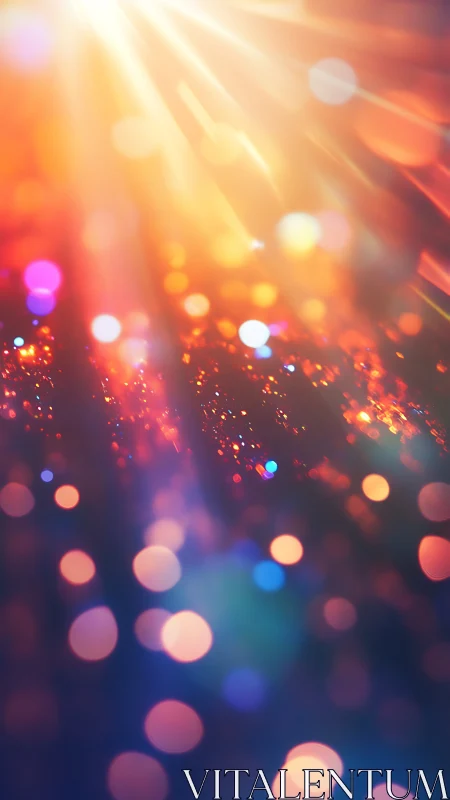 Light rays illuminate multicolored bokeh particles digitally