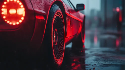 Retro sports car rear wheel in wet neon city street scene.