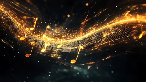 Golden music notes on glowing wave over dark background.