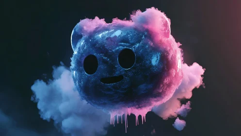 Neon cotton candy bear cloud floats in dreamy dark space.