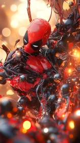 Playful red masked hero tangled in glowing slick chaos.