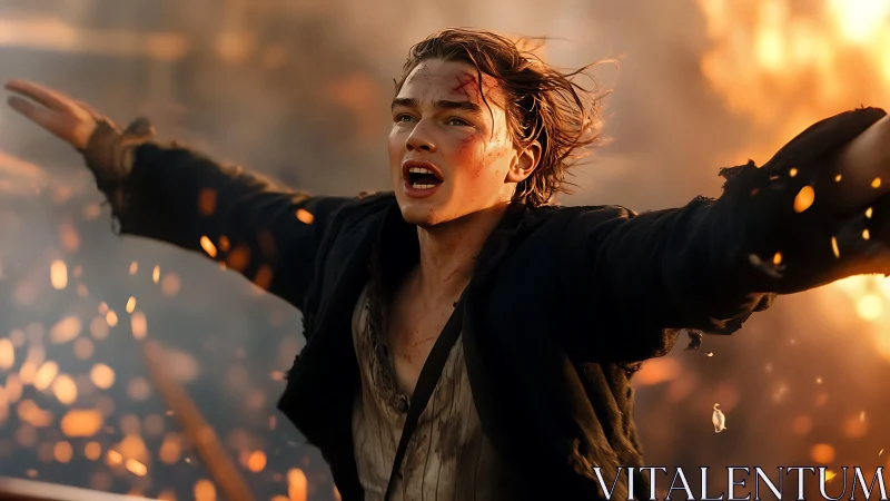 Heroic young survivor reaching through a storm of fire.