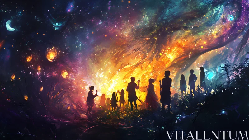 Starlit children convene beside a swirling cosmic dawn