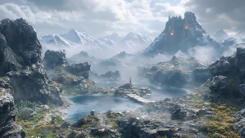 Storm-kissed valley and ember-lit citadel in misted highlands.