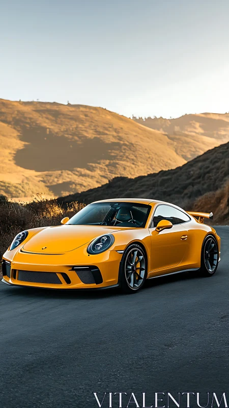 Photorealistic yellow sports coupe on mountain pass roadscape.