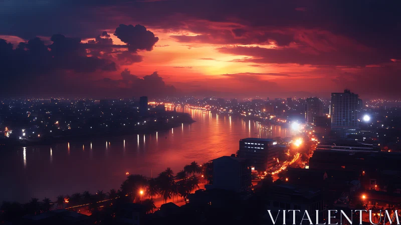 Sunset river city glows gently as night lights gather close