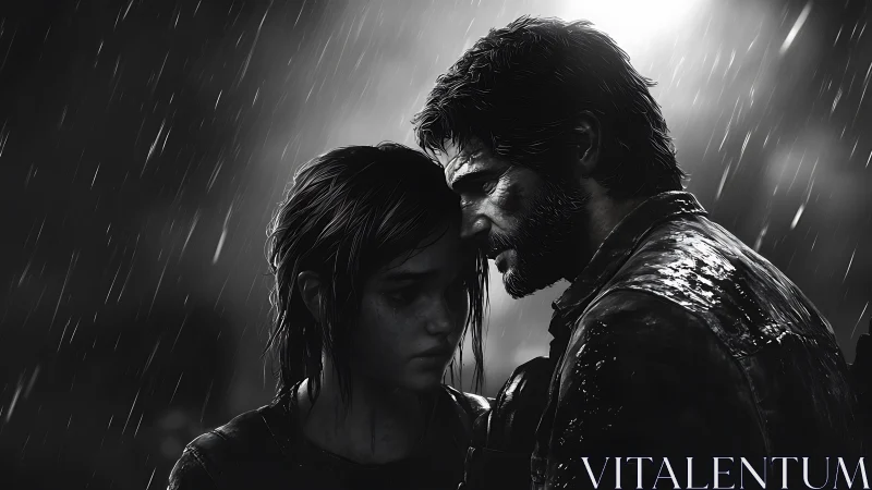 Cinematic close-up of two wet characters under heavy rain lighting