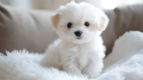 Fluffy white puppy relaxing on a cozy cloud of softness.