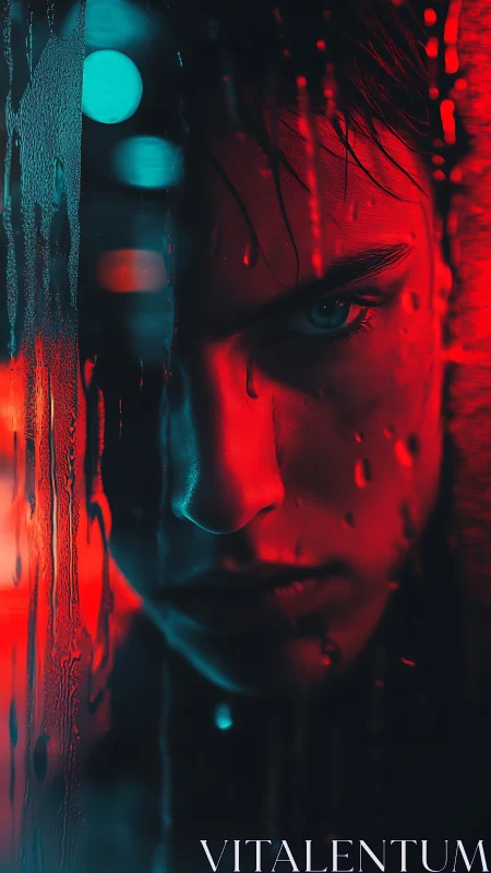 Neon-lit portrait captures a pensive face behind rainy glass