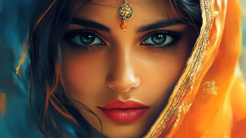 Emerald-eyed woman in golden veil gazes with quiet intensity.