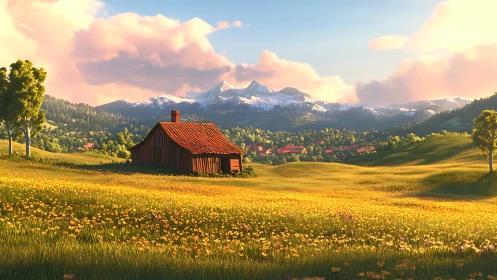 Sunny meadow cabin facing distant snow capped mountains.