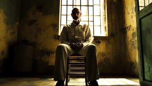 Quiet figure in sunlit prison cell, resting in heavy silence.