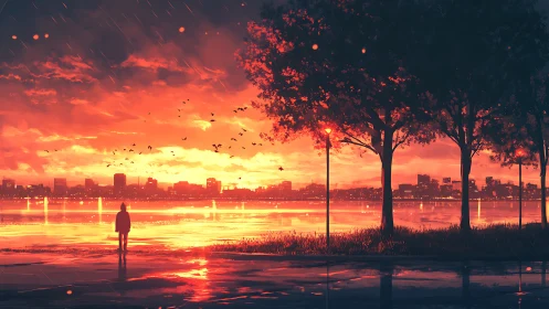 Backlit lakeside cityscape renders high contrast dusk atmosphere