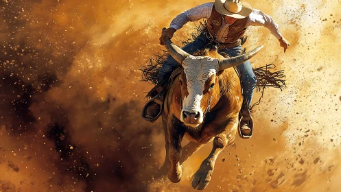 Rodeo bull rider suspended in explosive dust storm motion.