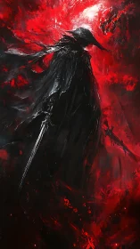 Plague-masked dark swordsman in abstract crimson vortex