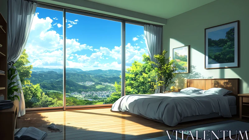 Sunlit bedroom retreat opening onto rolling green hills.