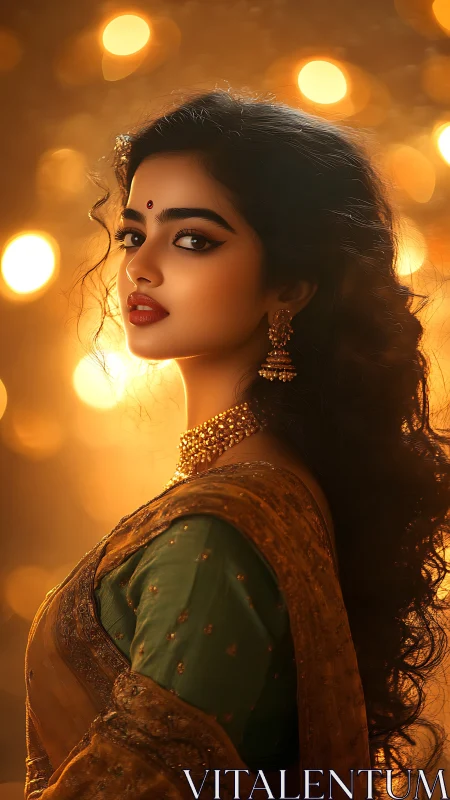 Elegant Indian woman in saree against warm bokeh lights.