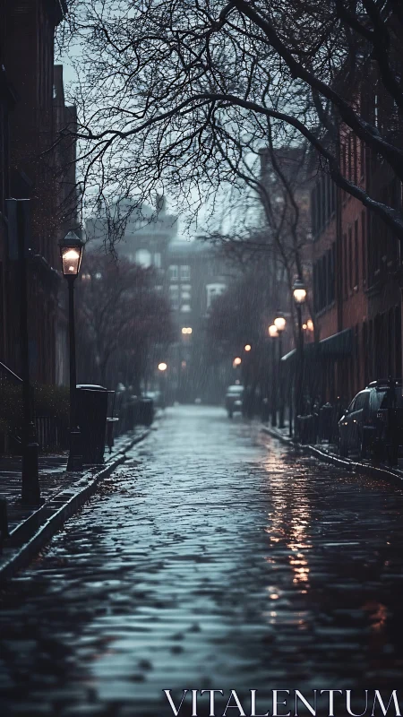 Rain-soaked cobblestone street under dim evening lamps