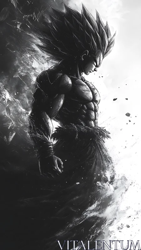 Monochrome anime warrior amid explosive energy surge.