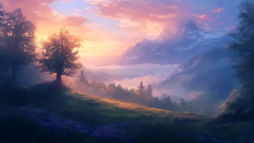 Dreamlit valley meadow under sunrise-kissed misty peaks.