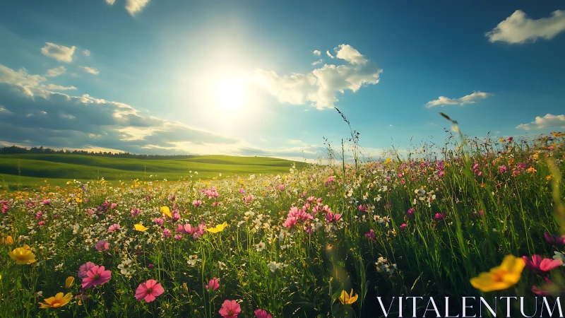 Backlit wildflower meadow under low sun and cumulus sky