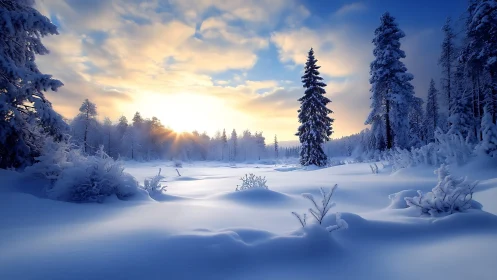 Gentle winter sunrise over a peaceful snowy forest valley.