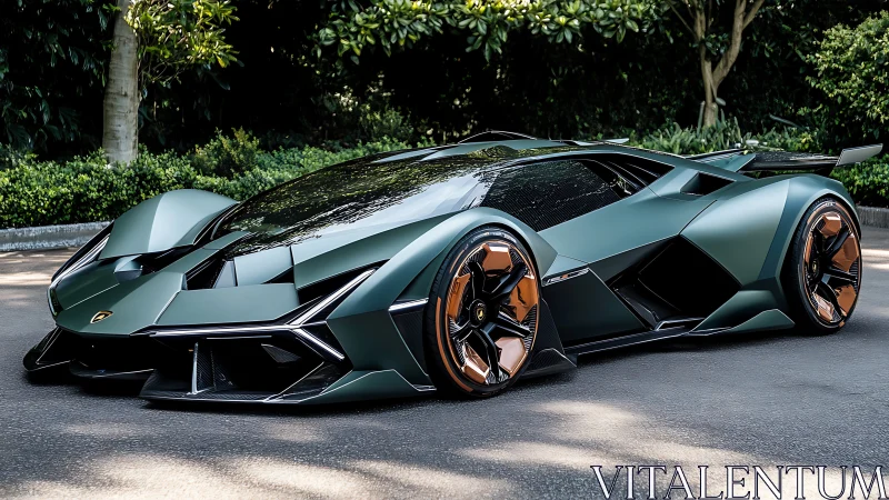 Low-slung matte green hypercar with copper aero wheels parked.