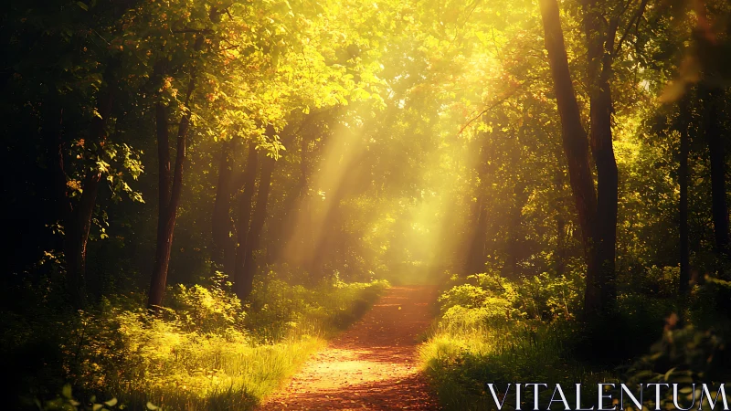 Sunlit Forest Path with Lush Greenery in a Serene Morning Light.