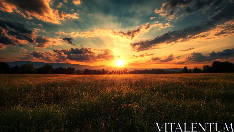 Low-angle meadow sunset with volumetric rays and warm grading