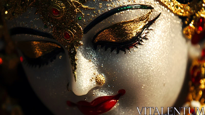 Macro luminance study of gilded devotional sculpted visage.