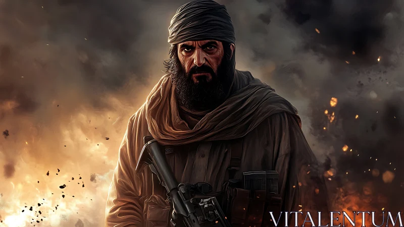 Armed man in headscarf amid smoke and fire background scene.