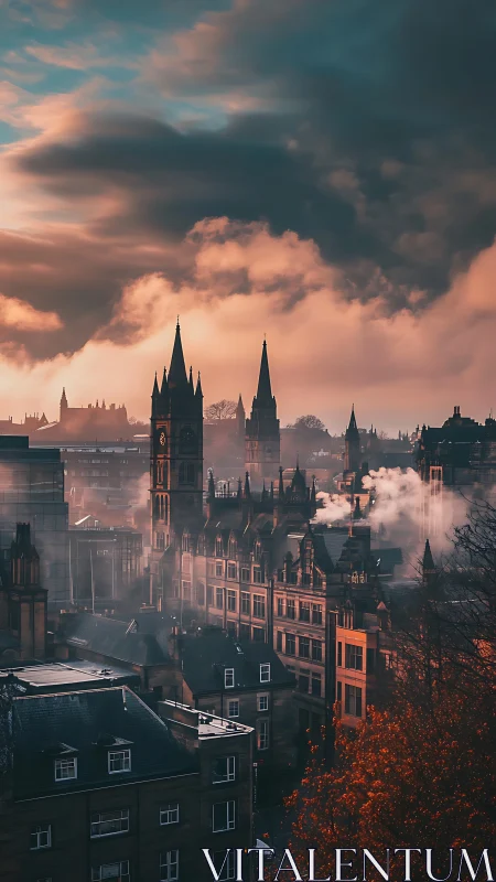 Moody Autumn City Spires Beneath Glowing Storm Clouds.