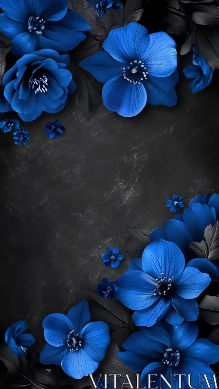 Stunning Blue Flowers Dance Across Dark Stone Background