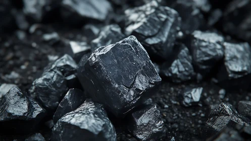 Angular coal fragments display wet reflective surfaces and sharp edges