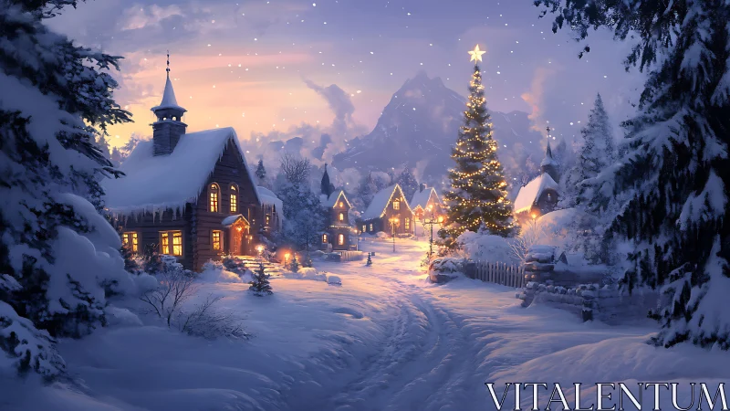 Snowy village at dusk with lit Christmas tree and cabins.