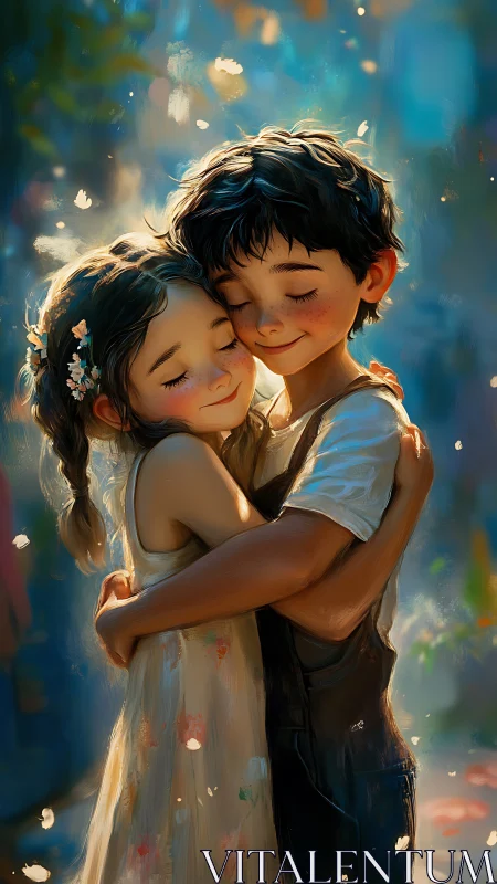 Warm Embrace Between Children in Golden Light.