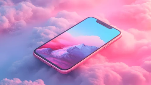 Modern smartphone on dreamy pink clouds with surreal digital art.