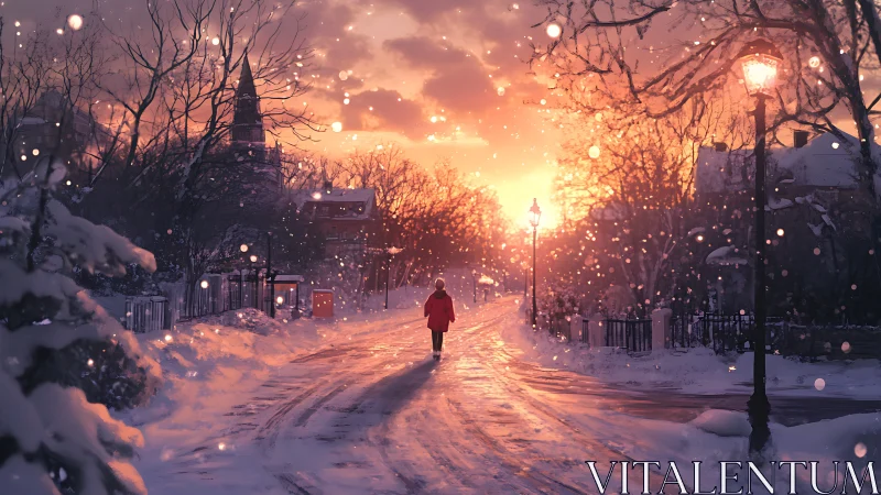 Solitary figure on snowy street at sunset with lampposts.