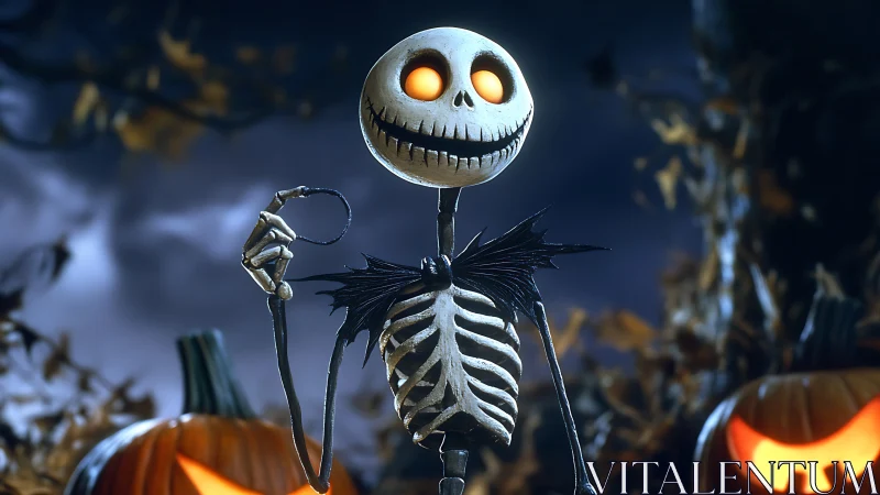 3D skeletal character portrait in cinematic Halloween lighting.