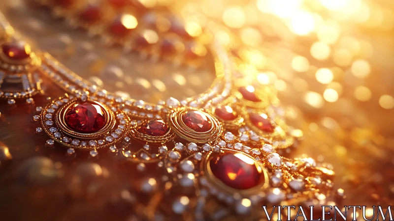Ornate gold ruby necklace under warm glowing light.