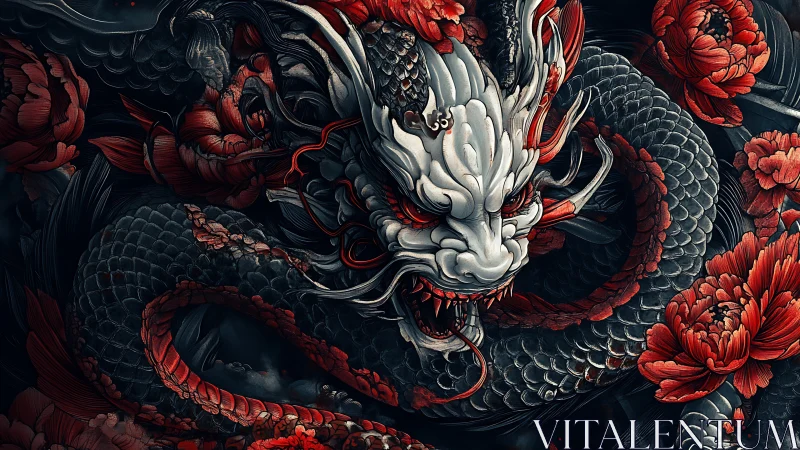 Coiled oni dragon amid blood red peonies in shadowed bloom.